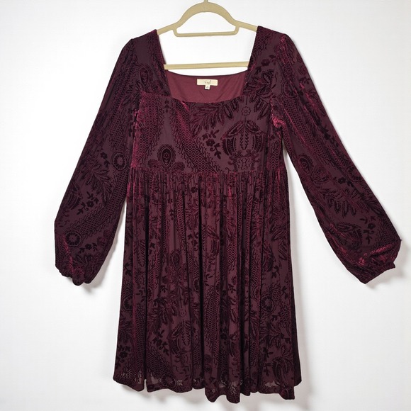 Easel Los Angeles Burn Out Velvet Dress Woman Small Burgundy Oversized Babydoll - Picture 1 of 12